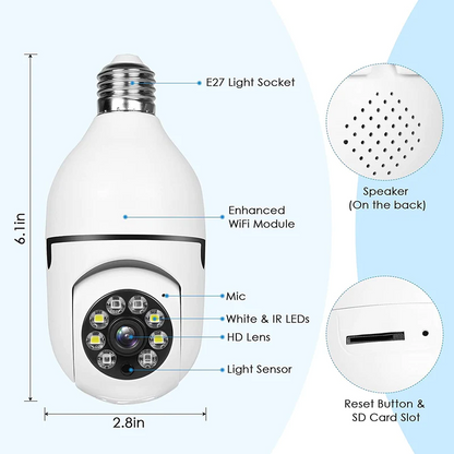 Full HD 1080P Wireless LED Bulb Camera With NIGHT VISION, Wide Angle, Two-way Audio